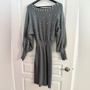 SHEIN Gray Long Sleeve Dress with Pearl Details